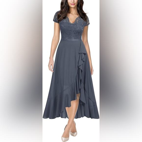 Womens Size 4-6 Dress NEW Asymmetircal Feminine Gray Formal Party Guest Midi - Picture 1 of 15
